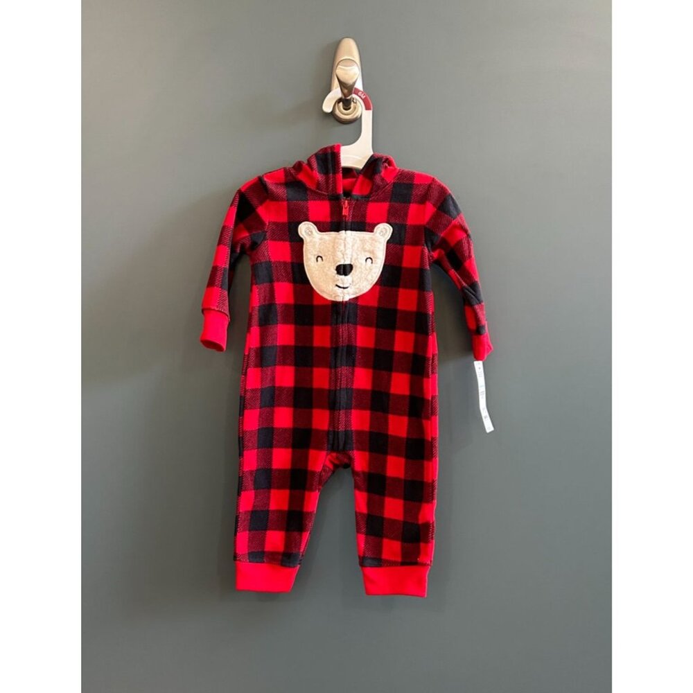 NWT Carter's Just One You Baby Bear Buffalo Check Jumpsuit - Red 6M